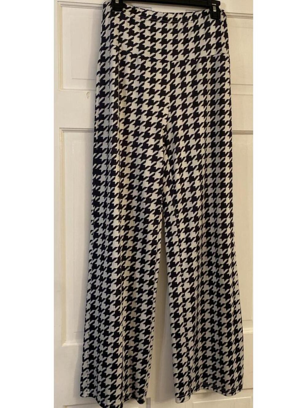 Black & White Houndstooth Pull On Super Wide Leg Stretch Womens Dress Pants